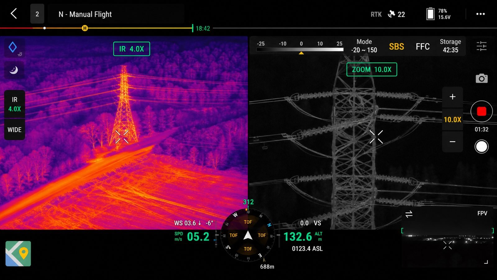Pantalla de vuelo con imagen térmica y zoom óptico de una torre de alta tensión en simultáneo