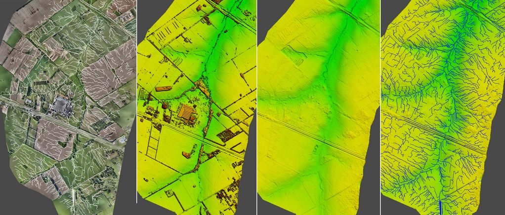 Ortomosaico, modelo topográfico y red de drenaje de un predio